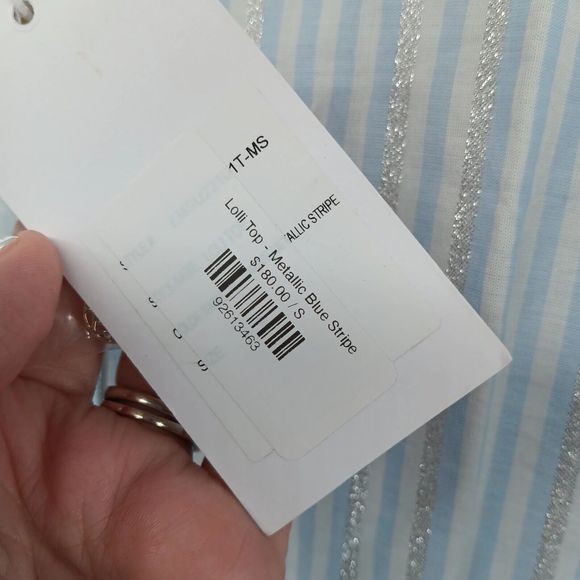 NWT & Bag Emily McCarthy Lolli Top Blouse $180 MSRP Blue Metallic Stripe Size S - Picture 7 of 13